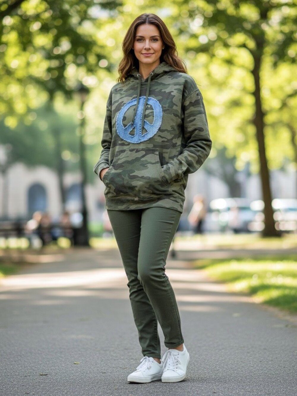 Share OOAK Custom Camo Hoodie Large | Denim Peace Sign Appliqué | Pullover w/ Po
